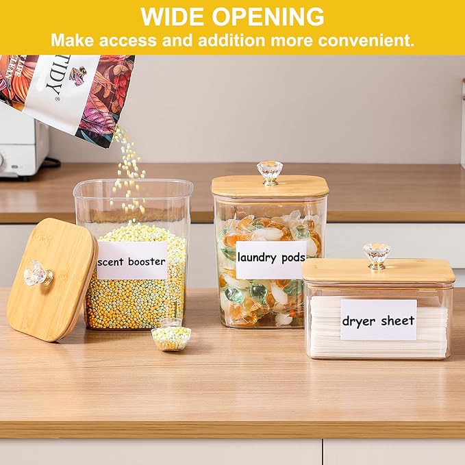 Large 4 Pack Laundry Pods Container & Laundry Powder Container, Plastic Laundry Room Organization and Storage Jars, Dryer Sheet Holder with Lid, Scoops, 16 Labels