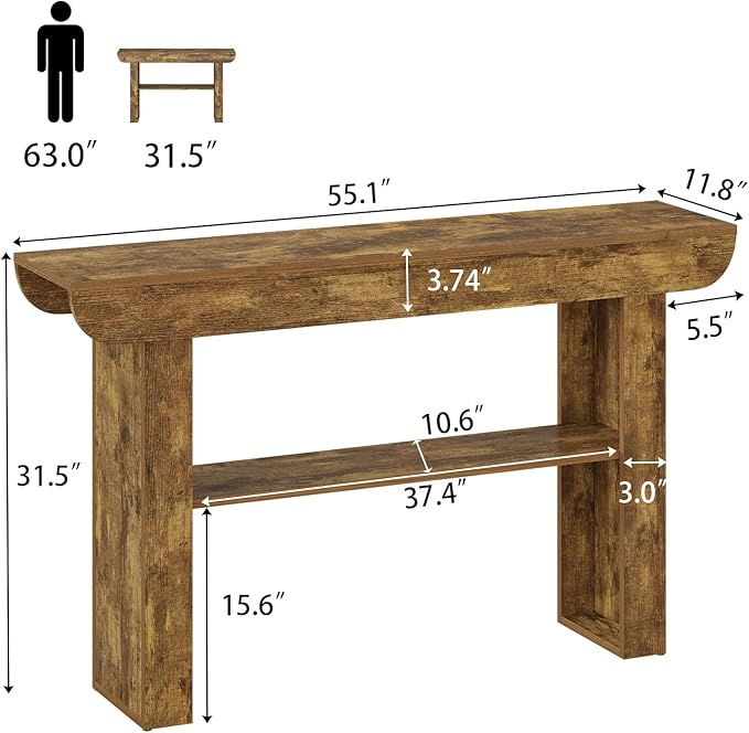 55-Inch Farmhouse Console Table,3-Tier Rustic Entryway Table with Storage,Rectangular Sofa Table Behind The Couch for Living Room, Hallway, Entrance