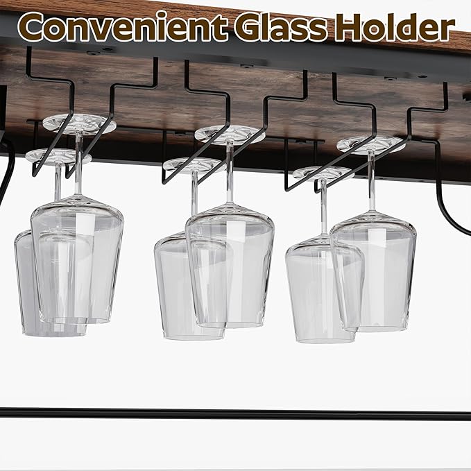 Kitchen Island with 3 Shelves, Kitchen Island with Power Outlet, Kitchens Storage Rack with 4 S Hooks, Microwave Stand Coffee Bar Station for Dining Room, Rustic Brown and Black KIHR91E01