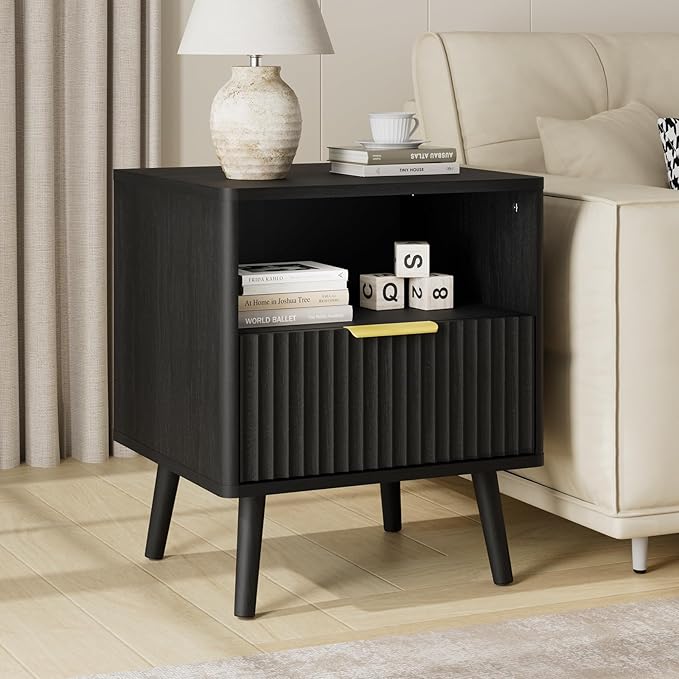 LYNSOM Fluted Dresser and Nightstand Set, 3 Pieces Bedroom Set, 55 Inch Wide 7-Drawer Dresser & 1-Drawer Nightstands Set of 2, Modern Dressers Set for Bedroom, Living Room, Black