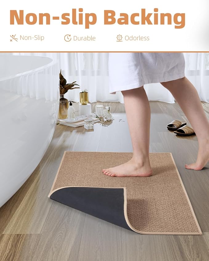 PADOOR Non-Slip Bath-Mats, Rubber-Backing Braided Absorbent Bathroom Mat, Machine Washable Thin Bathroom Rugs, Fit Under Door, Quick Dry, 24''x35'' Beige
