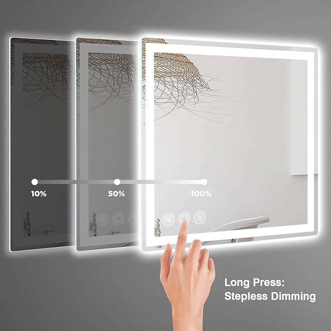 LED Bathroom Mirror 24"x 24" with Frontlit and Backlit, Anti-Fog Bathroom Vanity Mirror, Stepless 3 Colors Temperature & Dimmable Bathroom Mirror, Memory Tempered Glass Mirror for Bathroom
