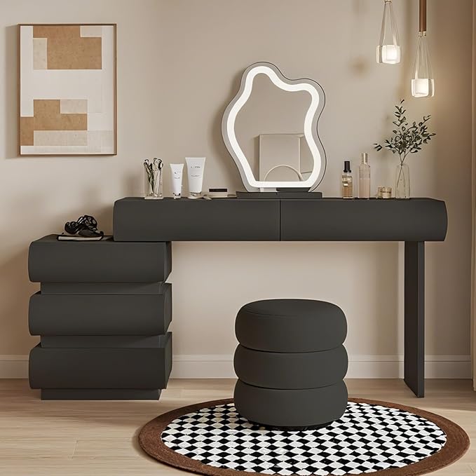 Makeup Vanity Desk with Lighted Mirror and Stool, Faux Leather Upholstered Finish, Modern Dressing Table with 5 Drawers for Bedroom and Makeup Room, Easy Assembly, Black