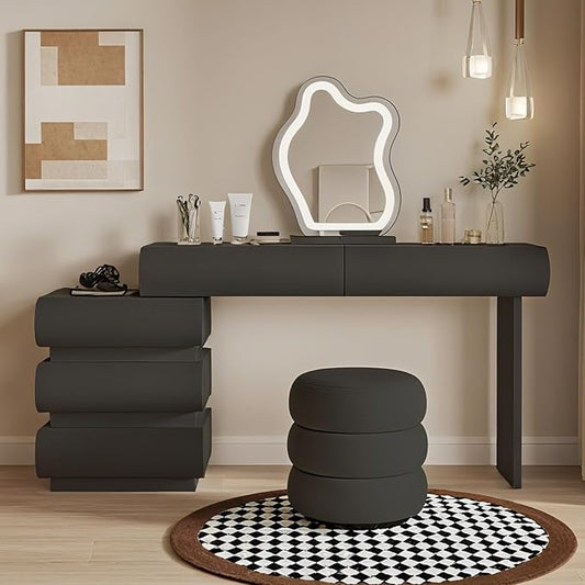 Makeup Vanity Desk with Lighted Mirror and Stool, Faux Leather Upholstered Finish, Modern Dressing Table with 5 Drawers for Bedroom and Makeup Room, Easy Assembly, Black