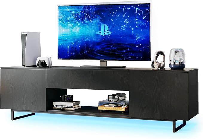 TV Stand for 75 inch TV, Entertainment Center with LED Light, Modern Wood TV Console with Texture Entertainment Stand with Highlight Storage Cabinet for TVs Up to 70-80" Black