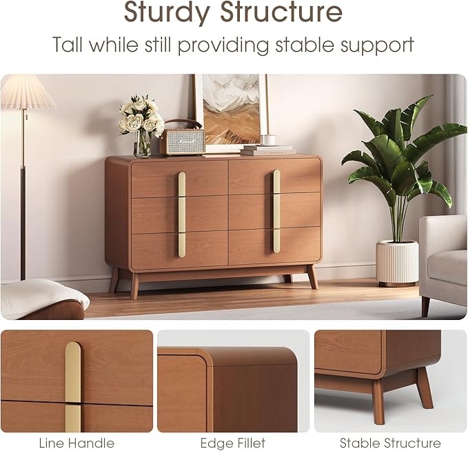 Dresser for Bedroom with 6 Drawers,Mid Century Modern Dresser with Storage,47" Wide Chest of Drawers with Metal Handles,Large Wood Drawer Organizer for Bedroom,Living Room,Hallway,Cherry