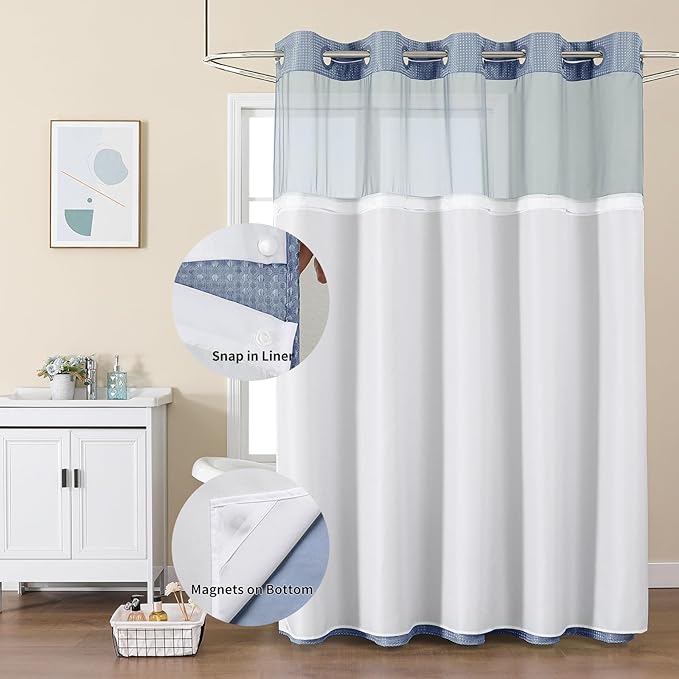 No Hook Shower Curtain with Snap in Fabric Liner, Waffle Weave Heavy Duty Thick Shower Curtains with Mesh Top Window, Hotel Style Waterproof Bathroom Curtain Set, 72 x 75 Inch, Moonlight Blue