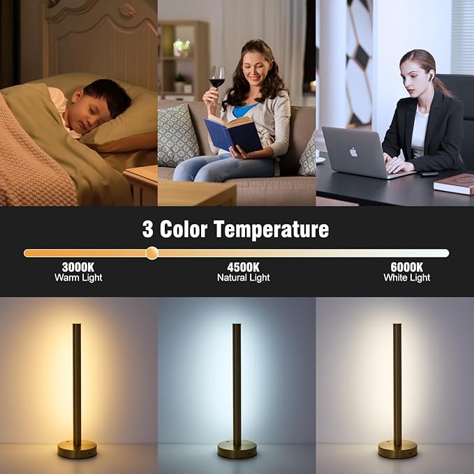 Gold Cordless Table Lamp, 5200mAh Rechargeable Battery Operated Lamp with 3-Levels Brightness, Touch LED Night Light Wireless Minimalist Design for Bedroom Camping Outdoor Patio,Brass