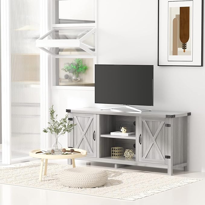 JUMMICO TV Stand, 65 Inch TV Farmhouse Entertainment Center with Double Barn Doors and Storage Cabinets, Console TV Table Media for Living Room, Bedroom (Grey)