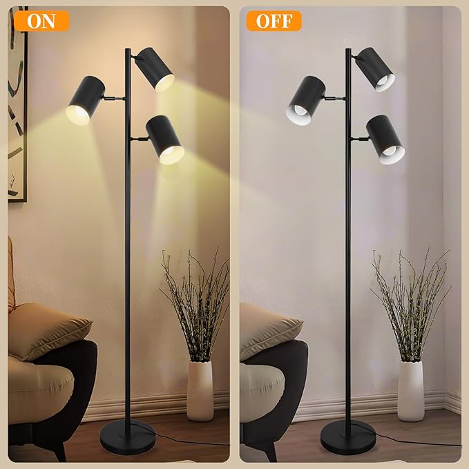 Tree Floor Lamp with 3 Light 9W E26 LED Bulbs,Black Standing Tall Pole Lamp with 3 Adjustable Rotating Lights,Modern Floor Lamp for Living Room Bedroom Office,Reading Room