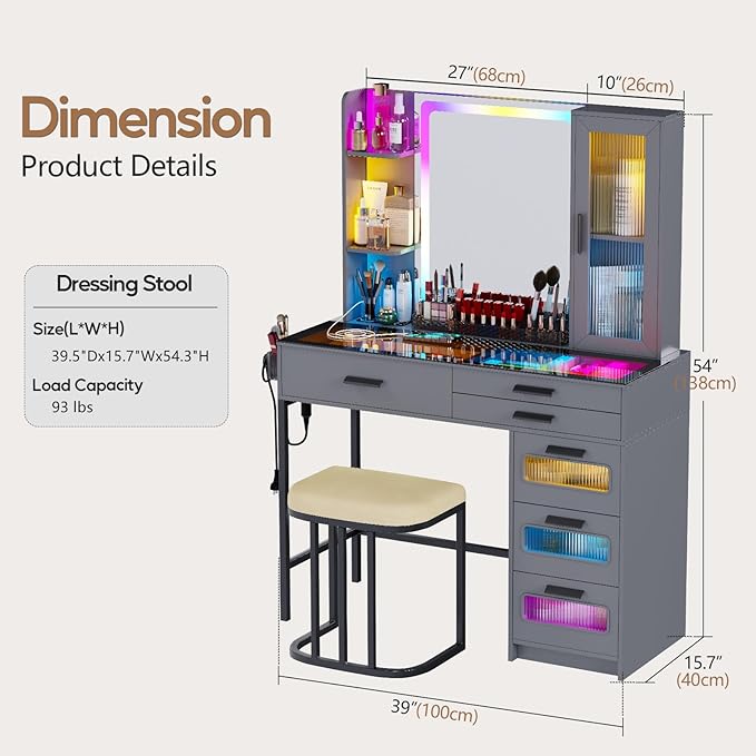 Makeup Vanity Desk with Mirror and RGB Lights,Glass Top Vanity Table with Wireless Charging & Stool,Vanity Set with 6 Drawers & Storage Cabinet & Makeup Organizer，Bedroom（Grey）