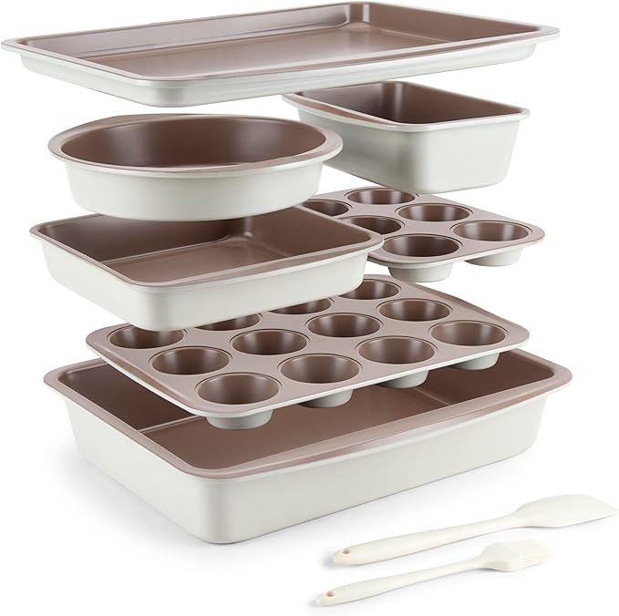 CARTMAN Bakeware Set 9-pieces Brown and White with Round/Square Cake Pan,Loaf Pan,6/12 Cup Muffin Pan,Cookie Sheet, Brush and Spatula, Carbon Steel Bake Set, Nonstick Stainless Steel Baking Pans Set