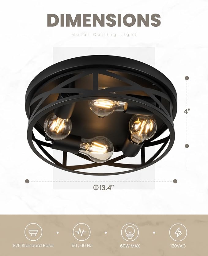Black Flush Mount Ceiling Light Fixtures,4-Light Modern Hallway Light Fixtures Ceiling, Black Light Fixture Ceiling Mount for Farmhouse,Kitchen, Bedroom 2 Pack