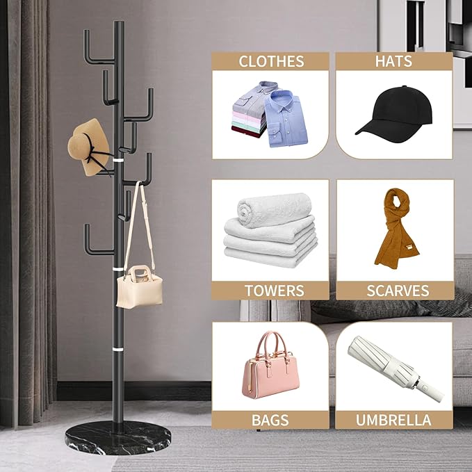 Modern Metal Coat Rack Stand with Natural Marble Base, Heavy Duty Coat Rack Freestanding with 8 Hooks, Black Cactus Standing Coat Racks for Bag, Jacket, Entryway Office (Black Cactus)