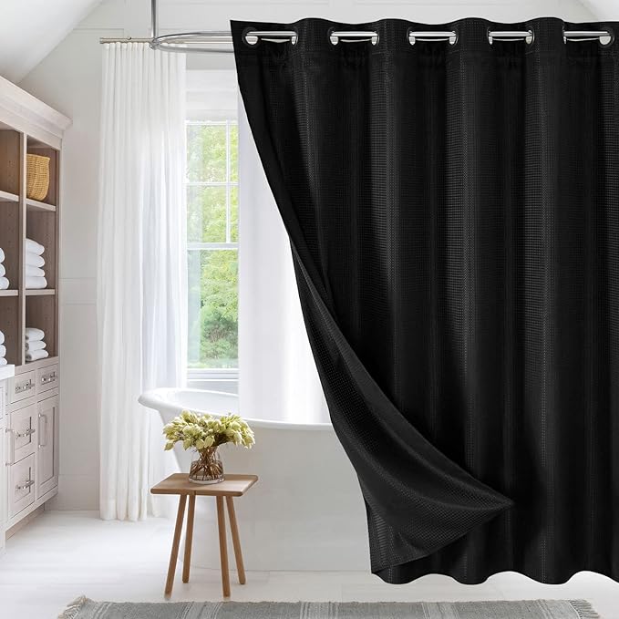 MitoVilla Black Waffle Long Shower Curtain 72 x 80, No Hooks Needed 80 inch Long Heavyweight Fabric Shower Curtain Set with Snap-in Liner for Hotel Grade Spa-Like Bathroom Decor