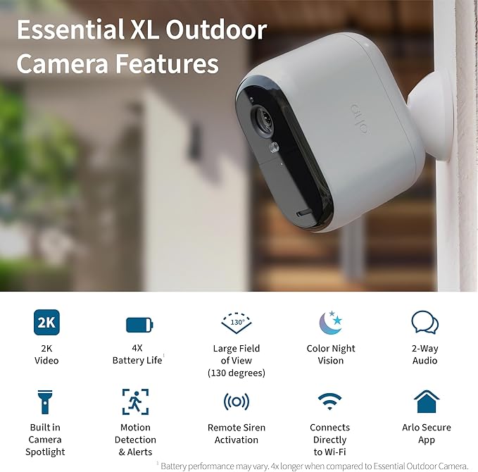 Arlo Essential XL Security Camera 2K | Indoor - Outdoor | 2nd Gen | 4X Longer Battery | Wire-Free with Spotlight, 2-Way Audio, Color Night Vision, Live Stream, Motion Activation, Notifications-White