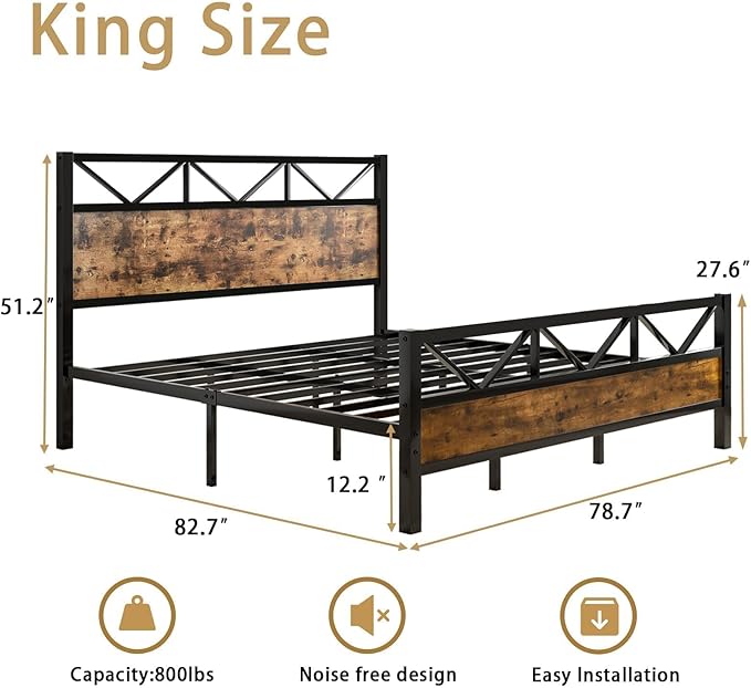 King Size Bed Frame and 51.2" Tall Headboard, King Platform Bed Frame with Headboard, Heavy Duty Metal Slats Support, No Box Spring Needed, Noise-Free, Easy Assembly, Rustic Brown