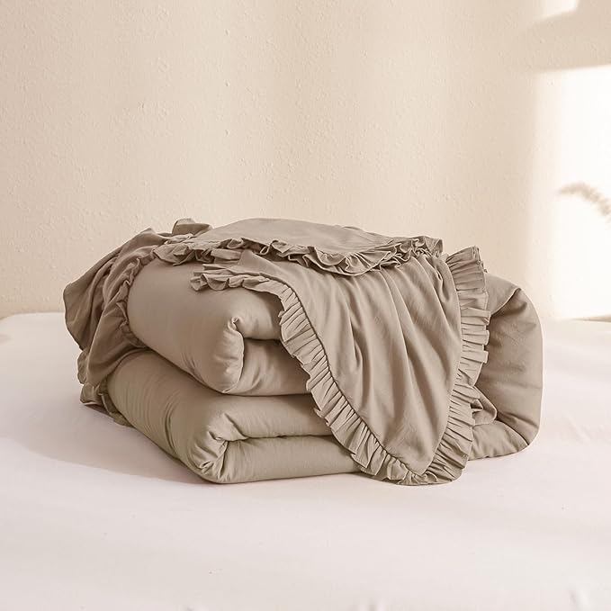 QSH Ruffled Comforter Set King Size,3PCs Light Taupe Shabby Boho Chic Bedding Comforter Sets King, Ultra Soft Farmhouse Lightweight Microfiber Inner Fill Bed Comforter Set