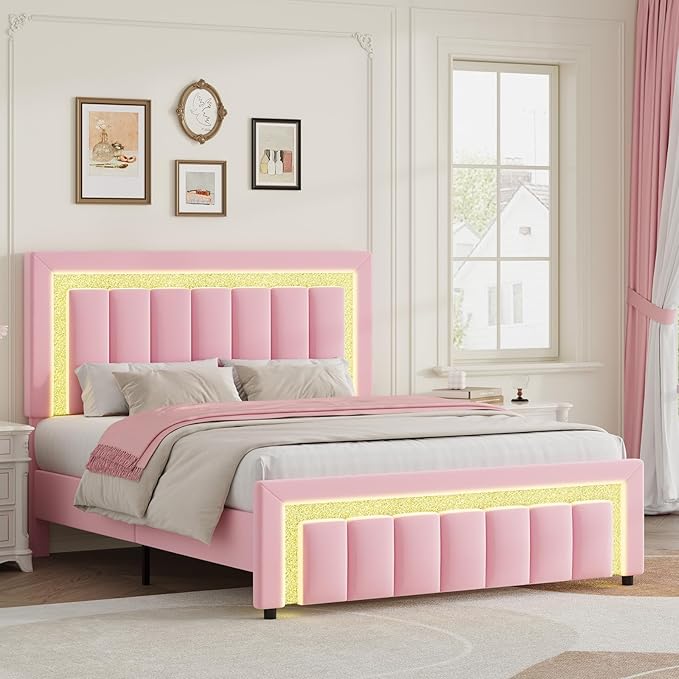 HOMBCK Bed Frame Full Size with LED Lights and Velvet Upholstered Headboard, Bed Frame Full with Modern Diamond Headboard Adjustable, Wooden Slats Support, Noise Free, No Box Spring Needed, Pink