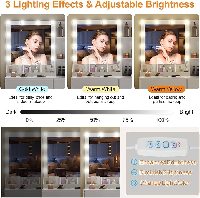 JBLCC Vanity Desk with Mirror and Lights, 39.4''W White Makeup Vanity with 3-Color Lighted Mirror, 7 Drawers & Open Shelves, Big Vanity Table for Bedroom, Girls & Women