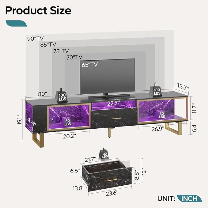 Bestier 80 Inch TV Stand for 65/75/85/90 Inch TVs, LED Gaming Entertainment Center for PS5 with Open Storage and Drawer, Modern High Gloss Media Console for Living Room Bedroom, Black Marble