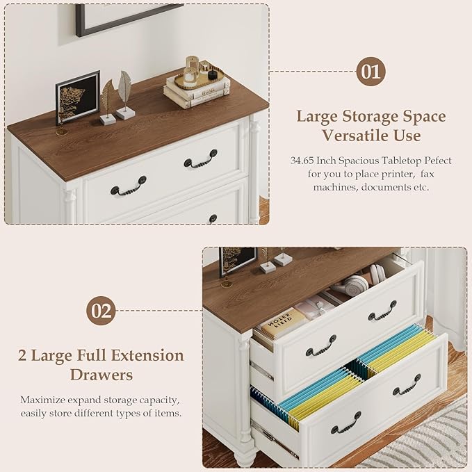 Farmhouse Lateral File Cabinet 2 Drawers File Cabinet for Legal/Letter/A4 Size Hanging Files, Large Wood File Storage Cabinets Printer Stand for Home Office Cabinet, White