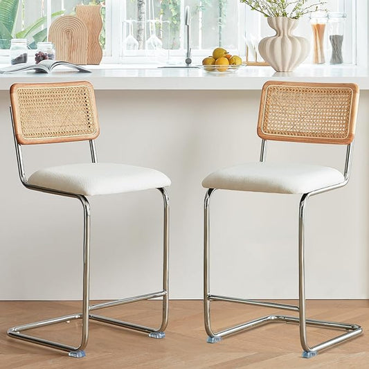 Natural Rattan Counter Height Stools Set of 2 with Solid Wood Back, 24 Inch Mid Century Modern Cesca Bar Stools, White Upholstery Boho Stool for Kitchen Counter with Chrome Metal Legs