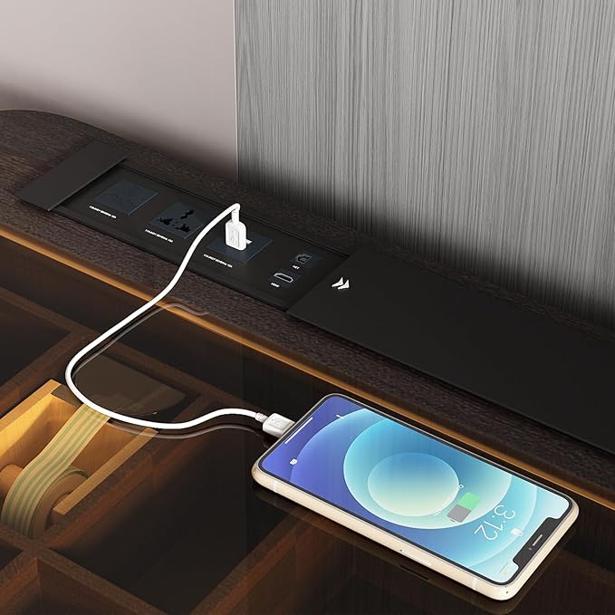 Lartis Modern Office Desk with Drawers,Glass Top Makeup Vanity Without Mirror Built-in USB Outlet Dressing Table Home Office Desk with Intelligent Socket,Very Easy to Assemble