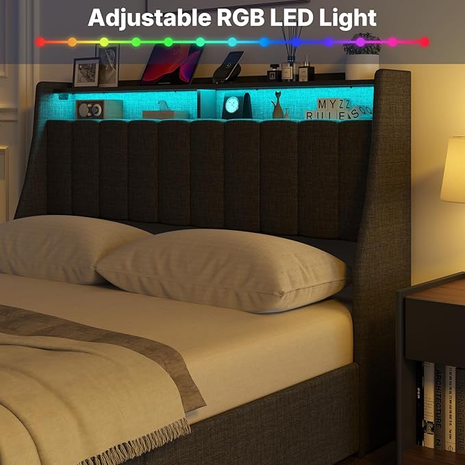 Full Size Bed Frame with 4 Storage Drawers & Adjustable LED Light, Upholstered Full Size Platform Bed Frame with Storage Wingback Headboard, Easy Assembly, Dark Grey