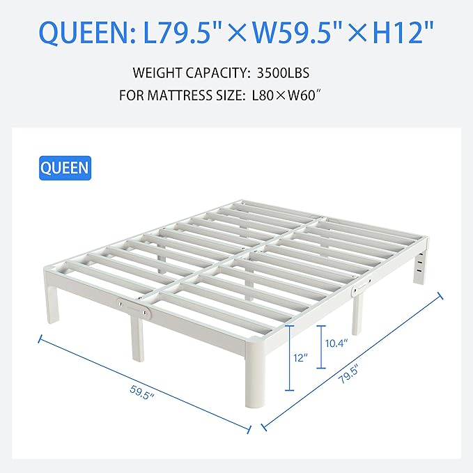 White Bed Frame Queen Size 12 Inch, Metal Queen Bed Frame No Box Spring Needed, Heavy Duty Steel Support 3500 LBS, DIY Headboard, Noiseless, Round Corner Legs, Storage Space, Easy Assembly