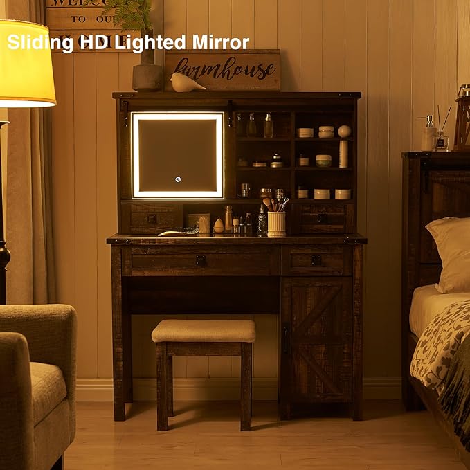 T4TREAM Farmhouse Makeup Vanity Desk with Sliding Mirror and Lights, 42'' Glass Tabletop Vanity Table with 2 Drawers & Shelves, Rustic Big Vanity Set for Bedroom, Dark Rustic Oak