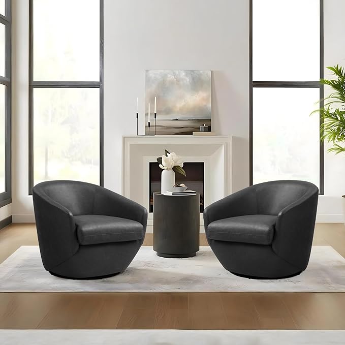 Swivel Barrel Accent Chair, Modern Round Faux Leather Arm Chair for Living Room, Bedroom, Comfy Club Reading Chairs for Adults(Faux Leather, Black, Set of 1)