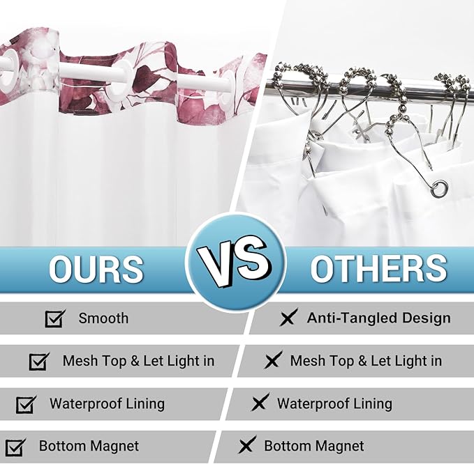 No Hook Shower Curtain with Snap in Liner - Eucalyptus Shower Curtain - Washable Waterproof Inner Liner, Plants Burgundy Leaves Modern Shower Curtains - Machine Washable, 71 x 74