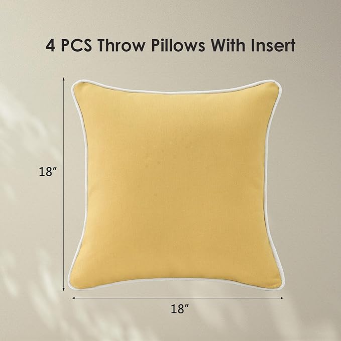 Decorative Outdoor Water Repellent Throw Pillows with Inserts, Set of 4, 18" x18" Pillows for Patio, Backyard, Bed, Couch, and Patio Furniture, Yellow
