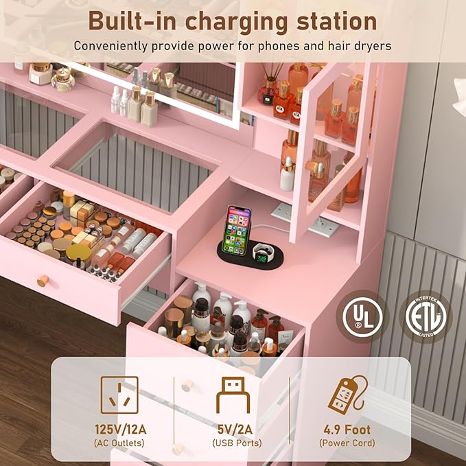 62" Large Pink Vanitys Desk w/ Tempered Glass Top,60000-color LED Lights,Power Outlet, Make up Vanity w/ 3 Lights Mode LED Mirror,9 Drawers,2 RGB Cabinet LED Vanity Table for Women,Girls