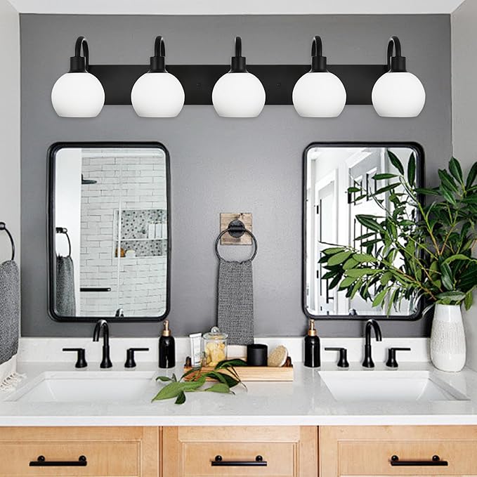37 Inch Bathroom Light Fixtures, 5-Lights Black Vanity Light with Milk White Globe Glass Shade, Bath Vanity Wall Mounted Lighting Over Mirror for Kitchen
