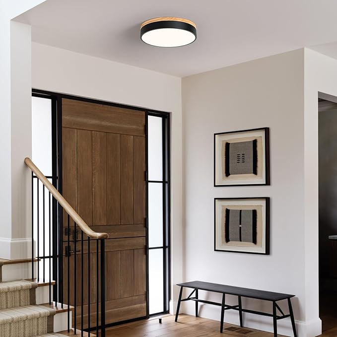 Modern Dimmable LED Close to Ceiling Light Minimalist Wood Oak Flush Mount Ceiling Light Fixture Circle Lighting for Bedroom Kitchen Bathroom Laundry Room (Black, 11.8'')