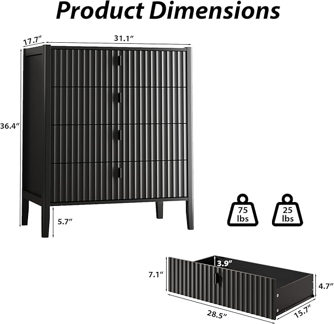 Black 4 Drawer Dresser, Modern Chest of Drawers for Bedroom, Wood Storage Dresser Organizer with Deep Drawers for Clothes, Nightstand for Bedroom, Hallway, Living Room, Entryway