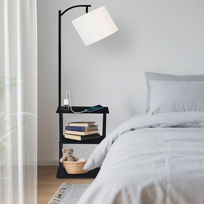 Floor Lamp with Table, Narrow Side Table with USB-A/USB-C Charging Station and AC Port, 3 Color Temperatures 12W LED Bulb, End Table for Bedroom, Living Room and Home Office, Black