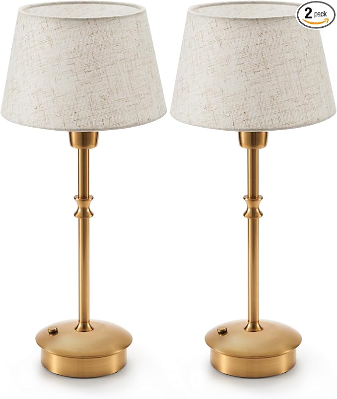 UMEXUS Small Cordless Lamp Rechargeable Table Lamps Set of 2, Dimmable Battery Operated Lights, Portable Accent Light for Side Table Restaurant Dining Outdoor, Beige Fabric Shade, Antique Brass