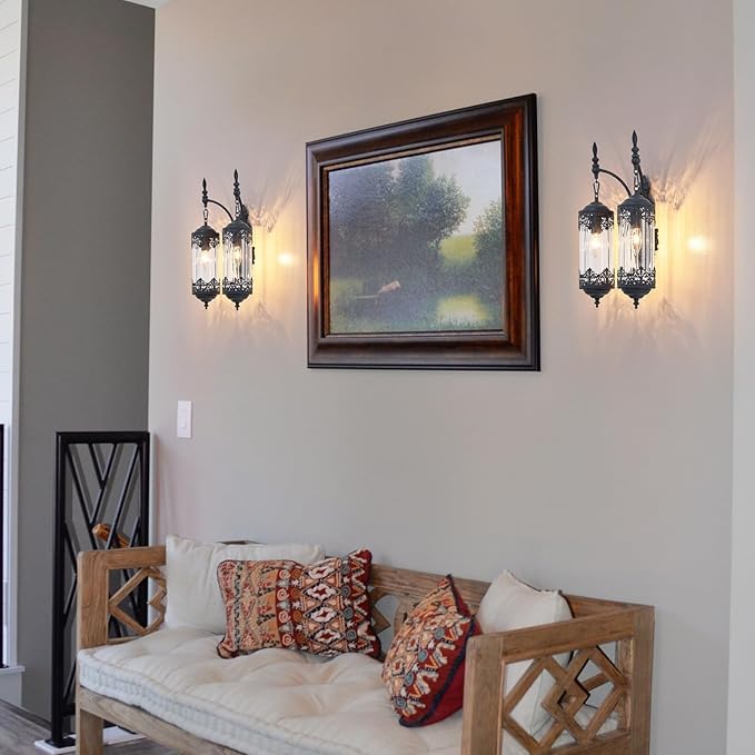 Rustic Glass Wall Sconce Vintage 2-Lights Antique Gothic Wall Light Fixture Retro Farmhouse Mid Centry Lantern Wall Sconce for Bedroom, Living Room, Mirror, Black, E12