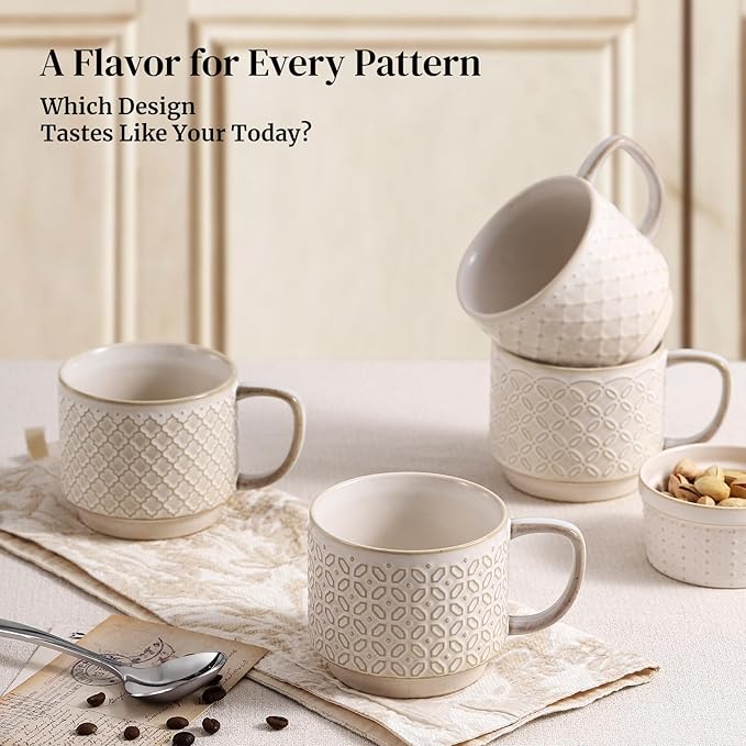 DOWAN 12oz Coffee Mugs Set of 4, Ceramic Coffee Mugs, Mugs Features A Relief Kiln-Change Technique, Microwave Safe, Thick-Walled Design for Heat Retention, Office and Home Use