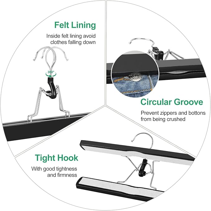 TOPIA HANGER 12 Pack Wooden Pants Hangers, Hair Extension Hangers Non Slip Skirt Hanger Wood Clamp with Velvet Padded 360° Swivel Hook for Jeans, Skirts, Trousers, Wigs CT67B