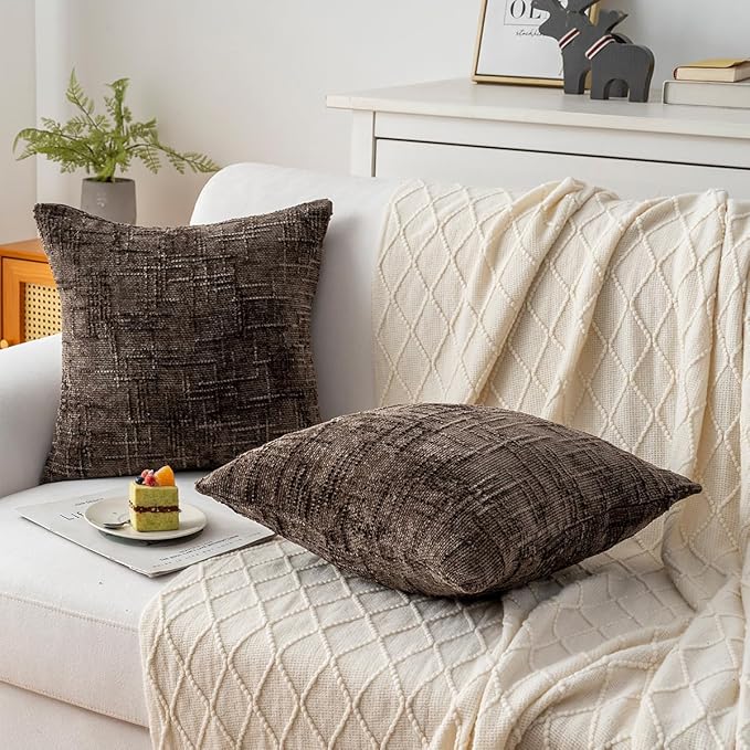 Decorative Throw Pillow Covers 20x20 Inch Set of 2, Soft Solid Farmhouse Chenille Couch Pillows, Spring Pillow Covers for Couch Sofa Bed Living Room Home Decor Pillowcase, Brown