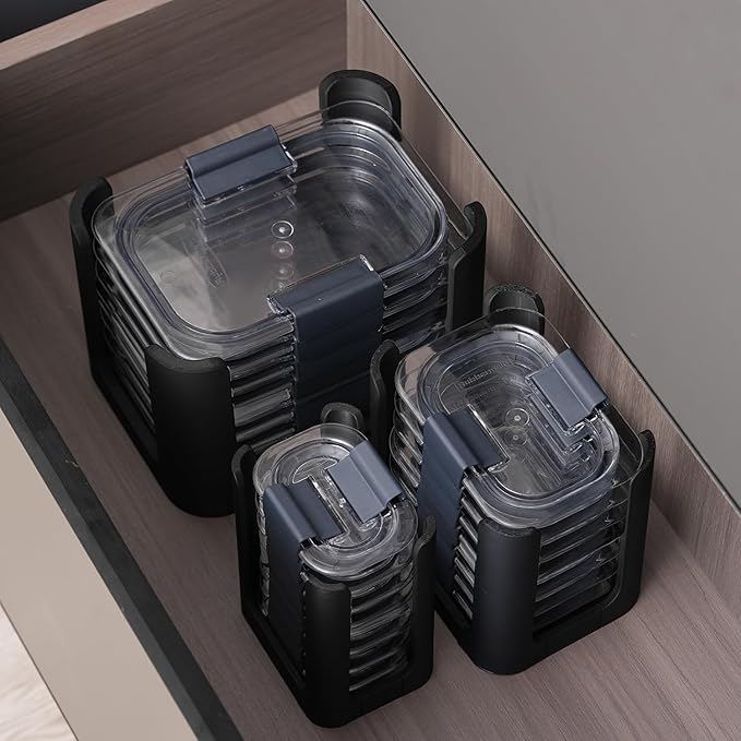 Food Container Lid Organizer for Rubbermaid Brilliances nap-on lids, Lid Organizer for Kitchen Cabinet Storage (3-Piece) - Holds 24 Lids for 4.7 Cup, 3.2 Cup, 1.3 Cup & 0.5 Cup Containers (Black)