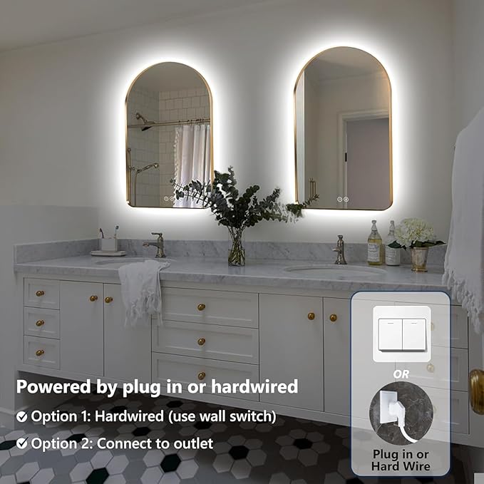 Niccy Arched LED Lighted Bathroom Mirror, 48x30 Inch Backlit Vanity Bathroom Mirror with Lights Brushed Gold Framed Wall Mounted Mirrors with 3 Color Shatterproof Arch Smart Fog Free Mirror