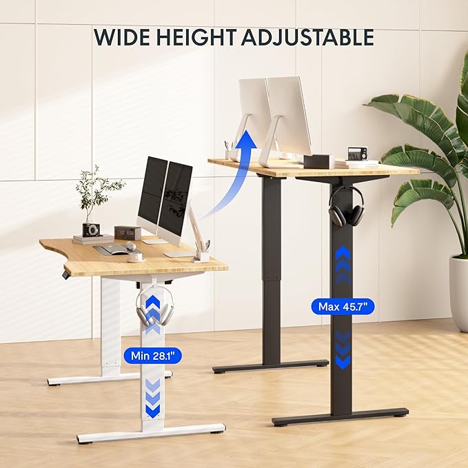 FLEXISPOT EN1 Bamboo Standing Desk, 48 x 24 Inches One-Piece Electric Height Adjustable Desk for Home Office (Black Frame + Bamboo Curved Desktop, 2 Packages)