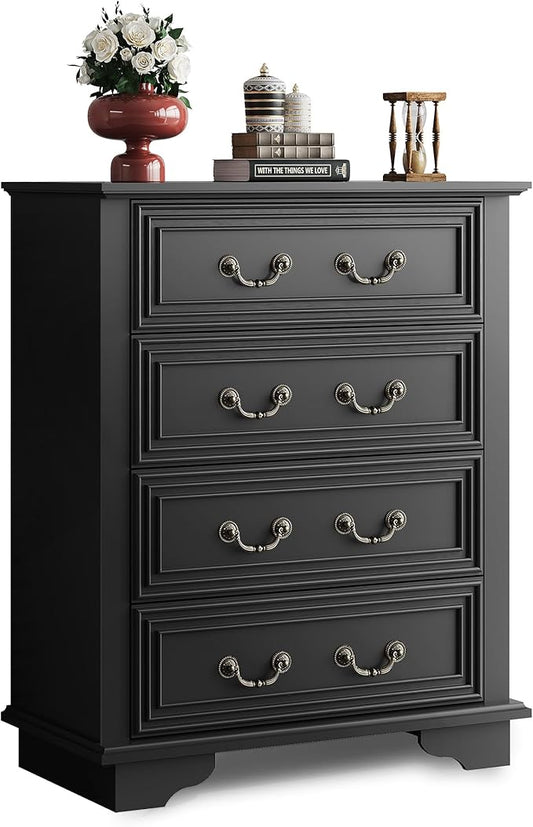 WLIVE Farmhouse Dresser for Bedroom, Tall Wood Dresser with 4 Drawers, Chest of Drawers with Roman Metal Handle for Living Room, Hallway, Closet, Black