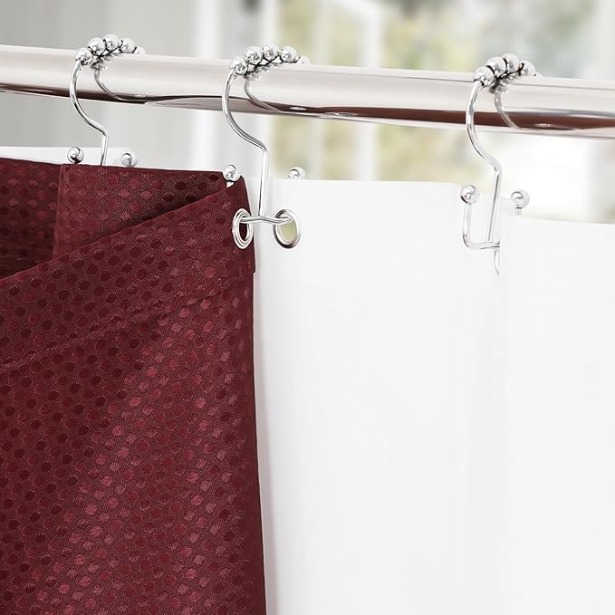 3 in 1 Stall Half Size Burgundy Shower Curtain Set-36 W x 72 H, Modern Waffle Waterproof Fabric and PEVA Liner Set with Stainless Steel Hooks
