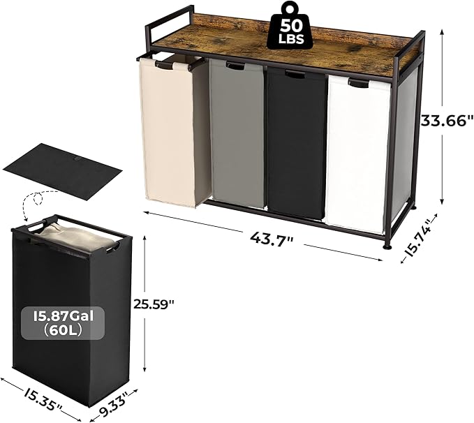 Laundry Hamper with Shelf, Laundry Basket 4 Section, Laundry Sorter with Pull-Out Removable Large 4 Color Bags and Movable Wheels, Metal Frame, 4 x 15.87 Gallons (60L), Rustic Brown PF07XLN